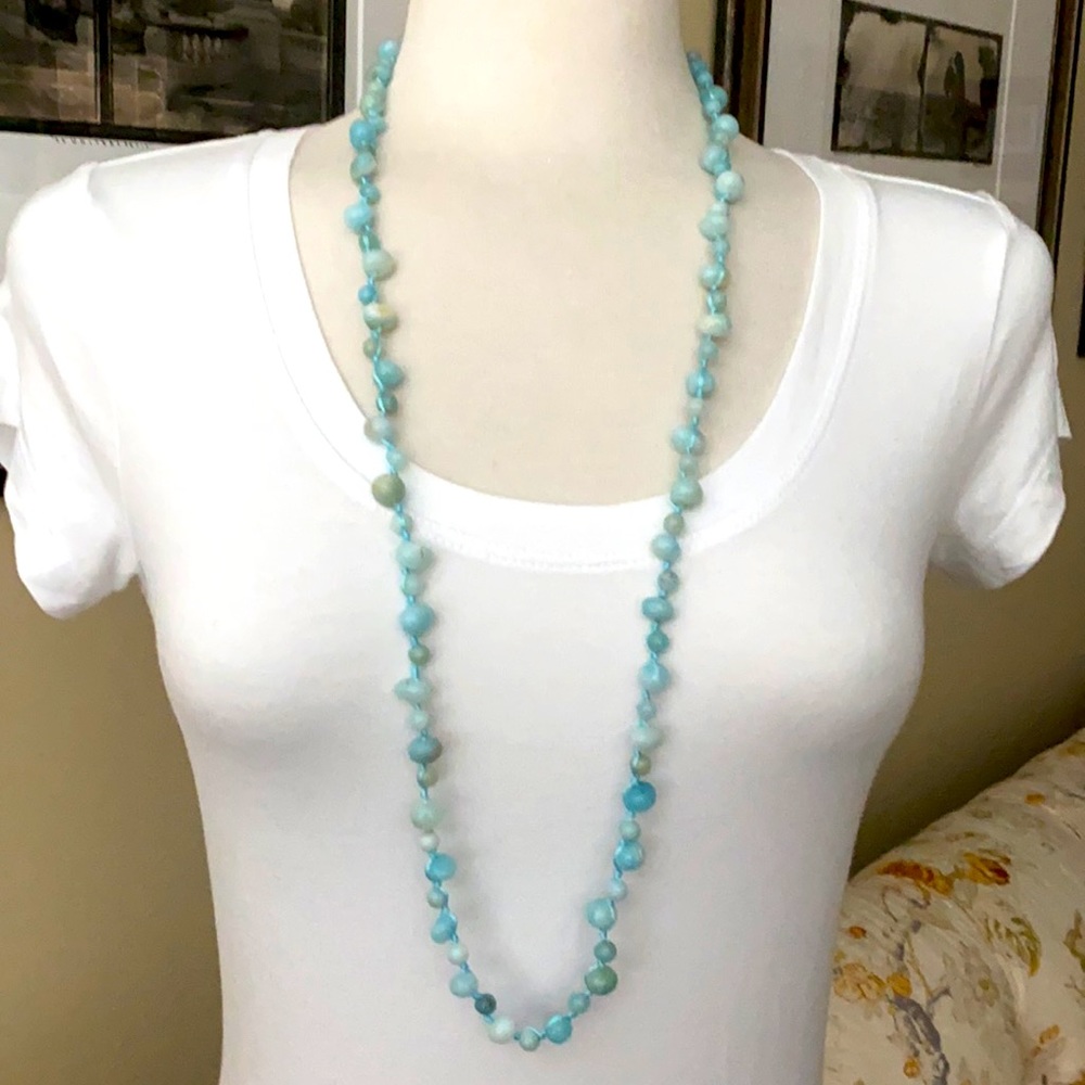 $185 Anthropologie NEW Amazonite Pebbles Crocheted Necklace ~ Boho 🌺 - Picture 3 of 5